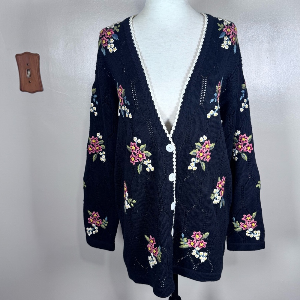 Vintage Marisa Christina Embroidered Floral Cottagecore Cardigan Sweater Sz M